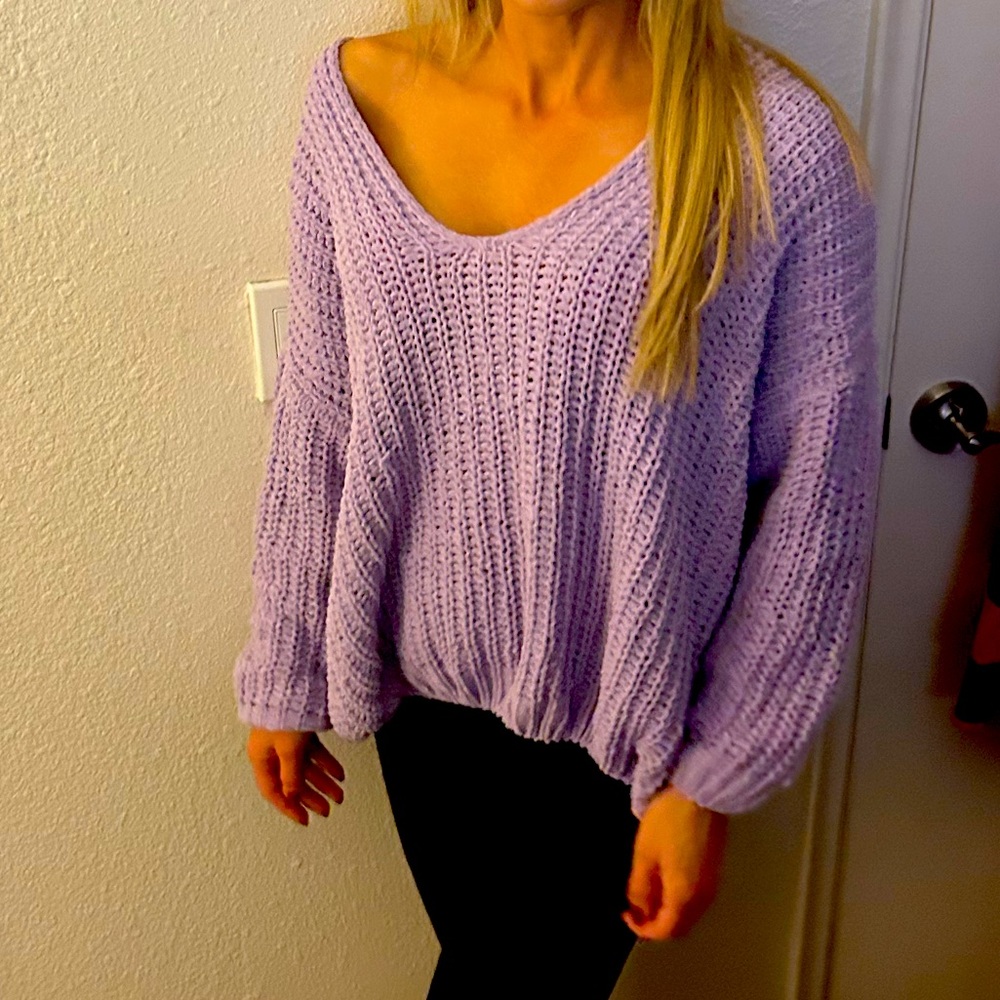 Oversized purple off the shoulder sweater so soft! Size small but runs big.